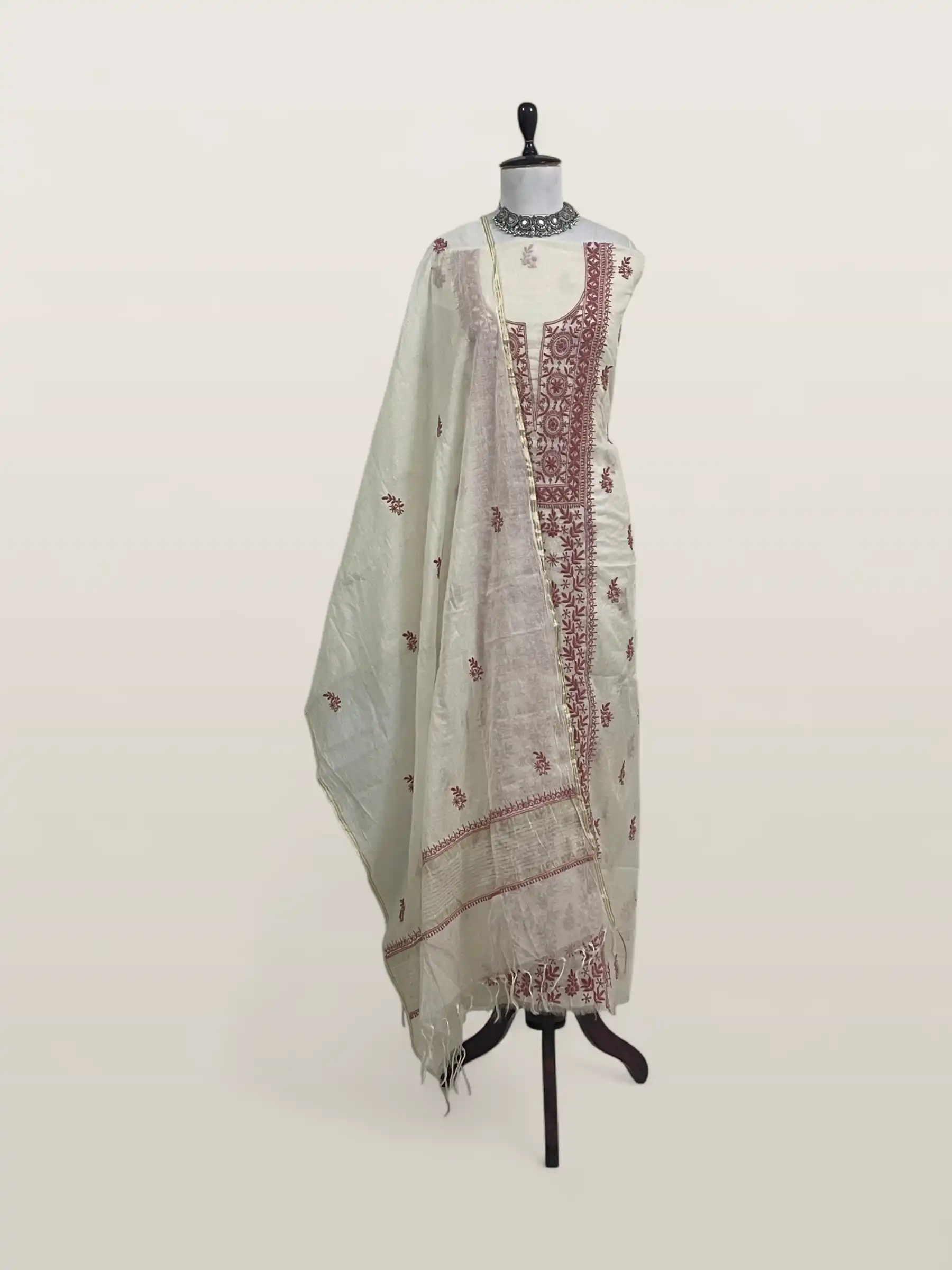 Chikankari Mul Chanderi Dress Material Ivory Rose Red Floral