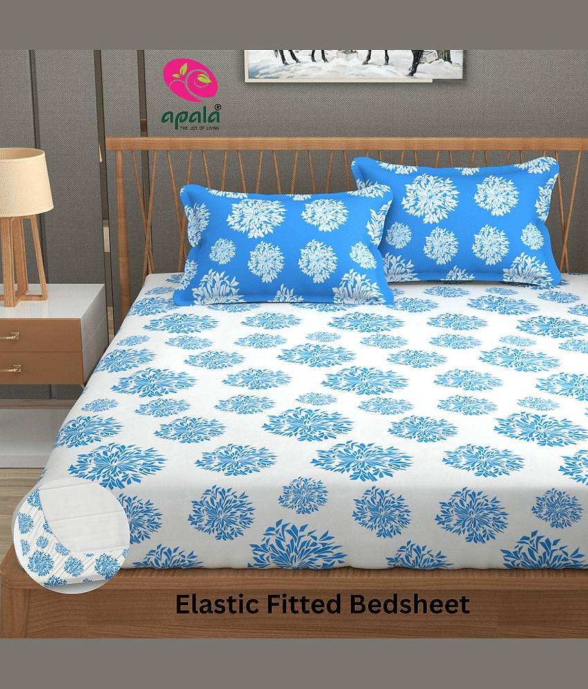 Apala Microfibre Abstract Fitted Fitted bedsheet with 2 Pillow Covers ( King Size ) - Sky Blue