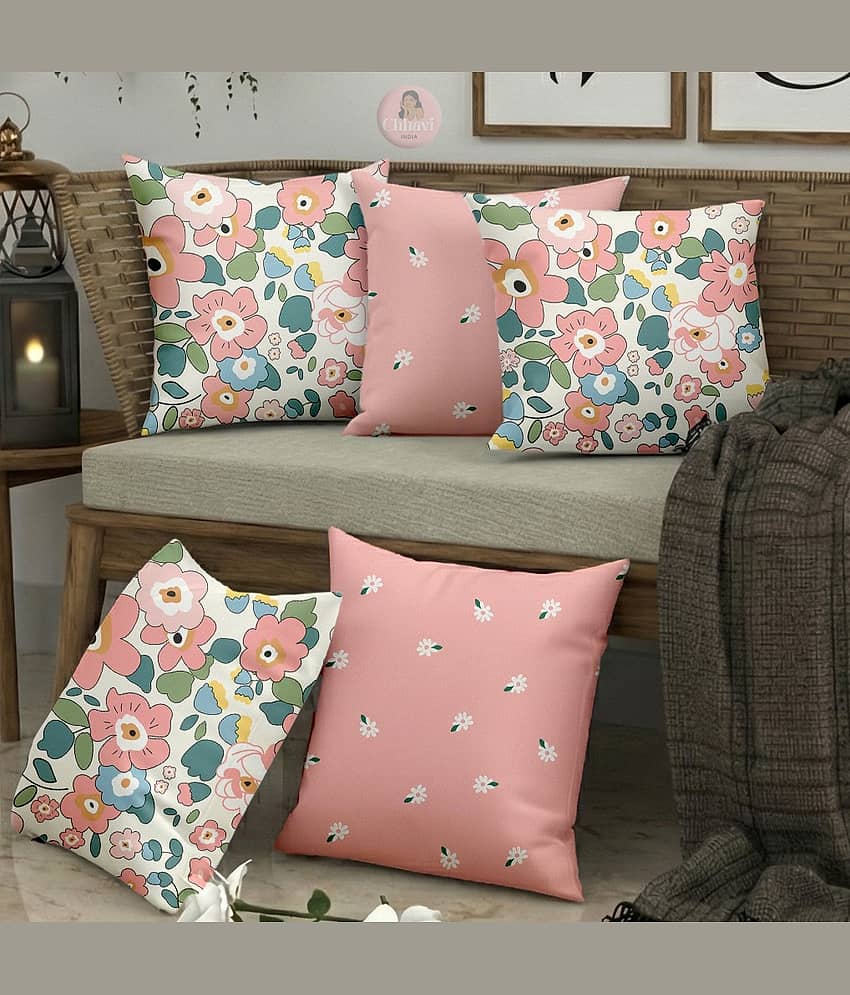 chhavi india Set of 1 Cotton Blend Floral Square Cushion Cover (40X40)cm - Pink