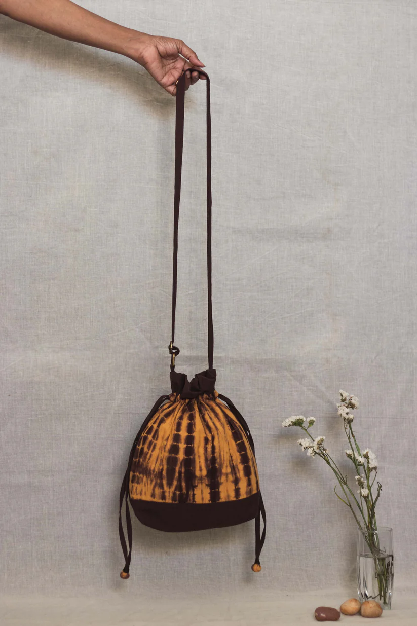 Cotton Drawstring Sling Bag Coffee and Caramel