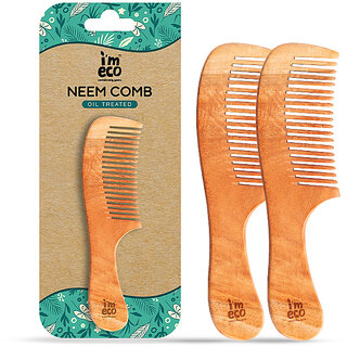 IMECO Neem Wood Wide Tooth Comb Pack of 2 Anti-Static Eco-Friendly Suitable for All Hair Types