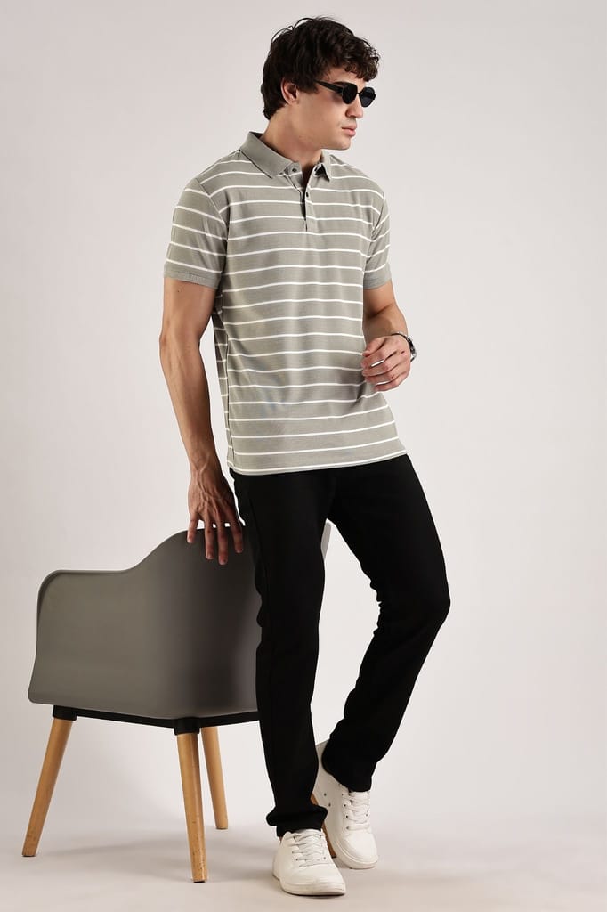 Pollycotton Tan Brown Striped Polo view 2