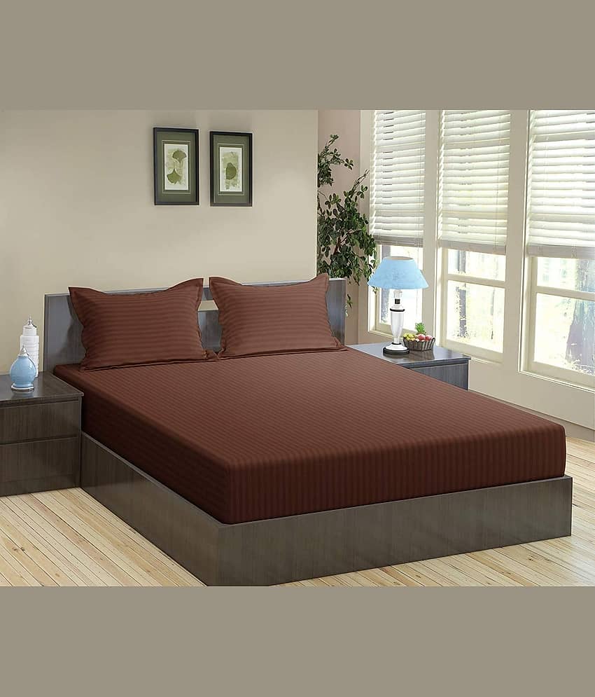 Neekshaa Satin Stripe Solid Fitted Fitted bedsheet with 2 Pillow Covers ( Double Bed ) - White