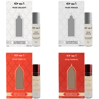 Ossa Musk Delight Mirage, Rose Majestic Imperial Unisex Concentrated Perfums Alcohol Free Attar Combo (Pack of 4)