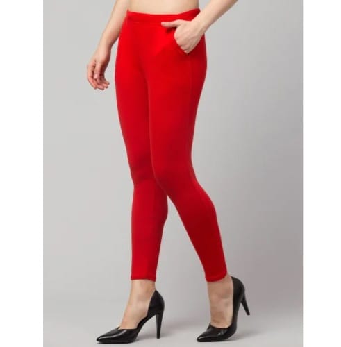Women's Solid Red Basic Cotton Blend Full Length Leggings view 2