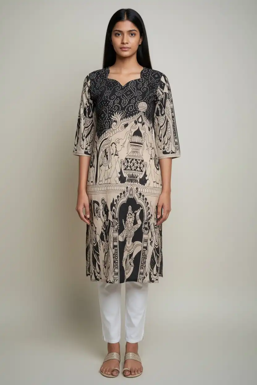 Kalamkari Print Cotton Kurti Black Cream
