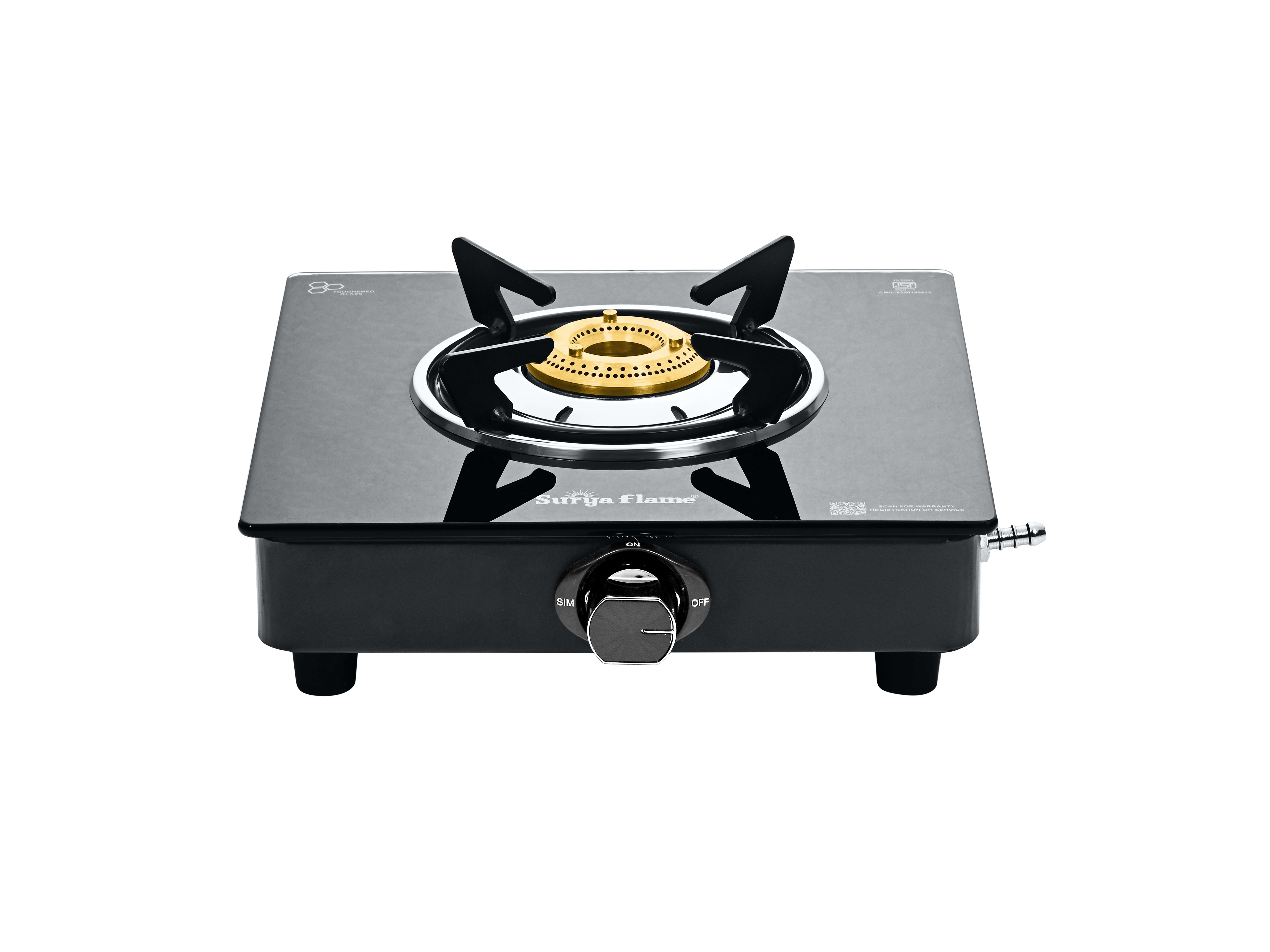 Surya Flame Maestro 1-Burner Gas Stove, Toughened Glass Top, Manual Ignition, Tri-Pin Brass Burner, 69%+ Efficiency - Black