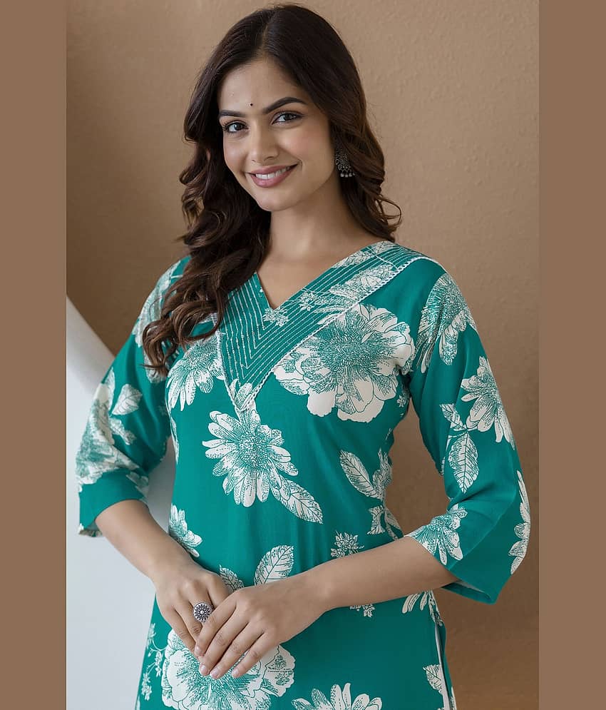 Kapadia Women Cotton Blend Printed Straight Kurti ( Light Blue )