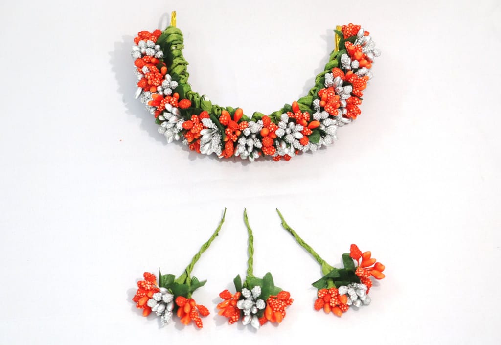 SHG Fashion Art Handmade Orange and White Color Artificial Veni Flowers with 3 Pins (Orange with White Artificial Flower Hair Accessory Set) view 2