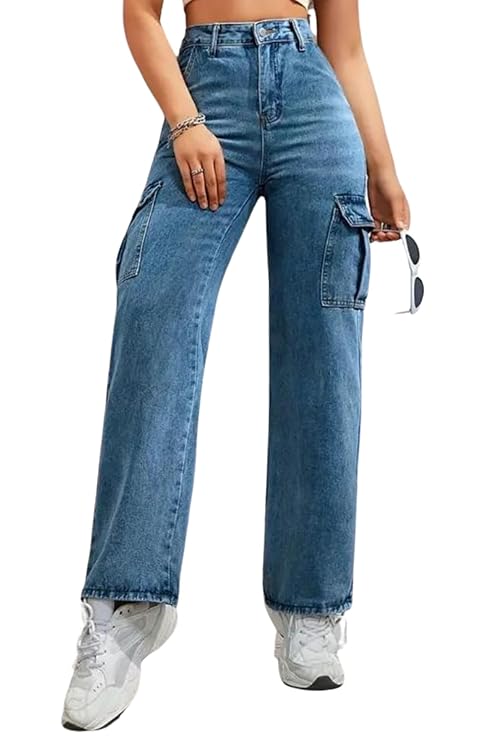 Glossia Fashion High Waist Cargo Denim Jeans for Women Wide Leg Stretchable Straight Fit Jeans - Blue, 28