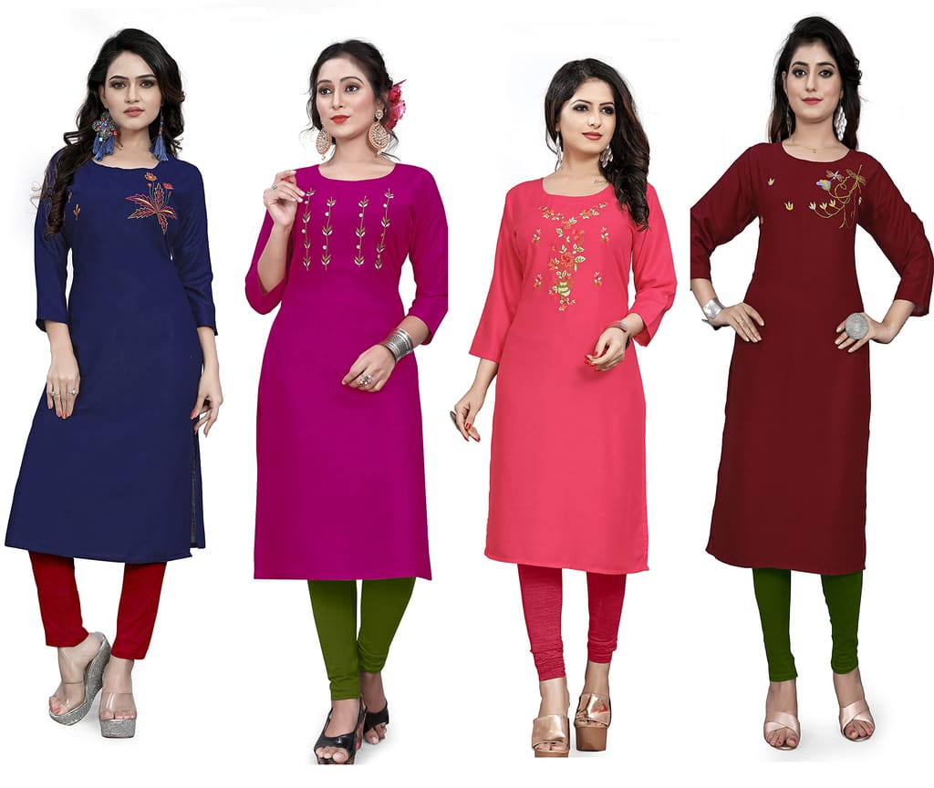 STYLEOO Rayon Embroidered Kurta/kurties for Women and Girls Pack of 4,DARK BLUE, RANI, MAROON & PINK (M, L, XL, XXL)