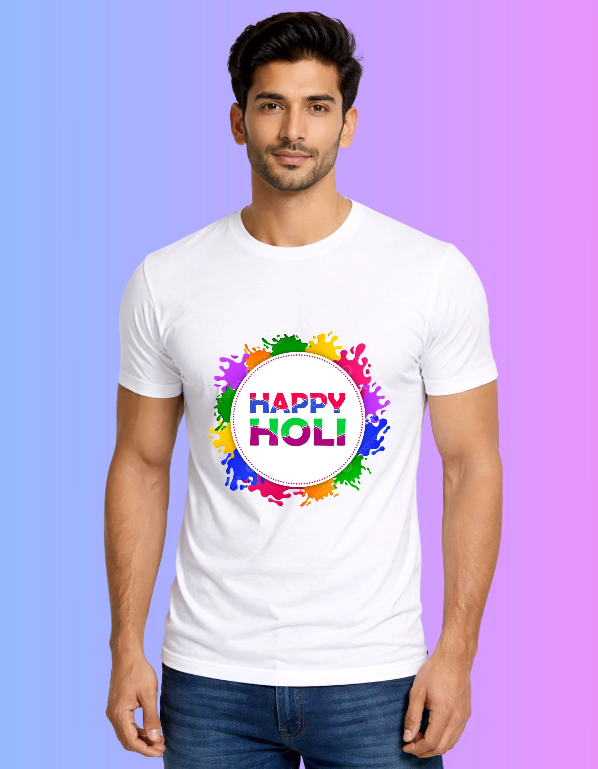 Classic Happy Holi Splash Polyester T-Shirt 100 GSM Round Neck White