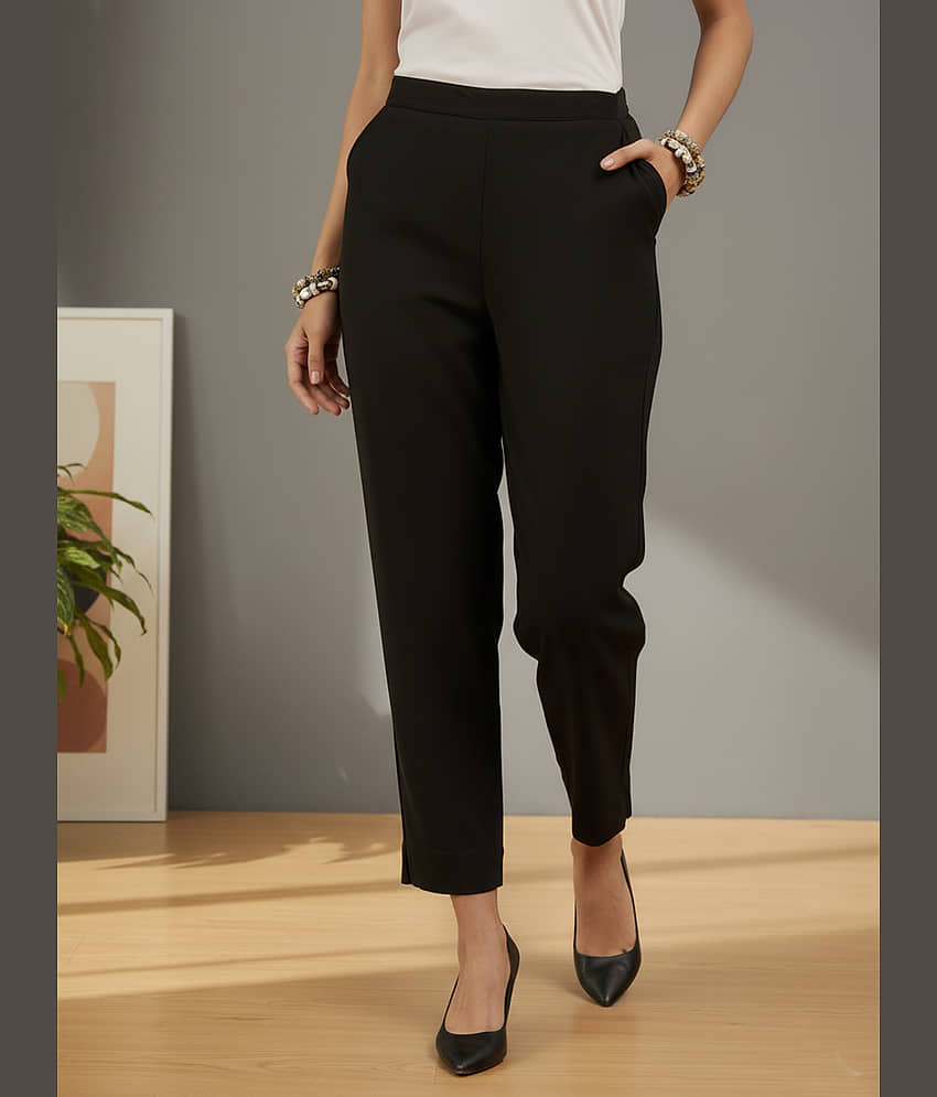 QuaClo Women Cotton Blend Casual Trousers ( Black )