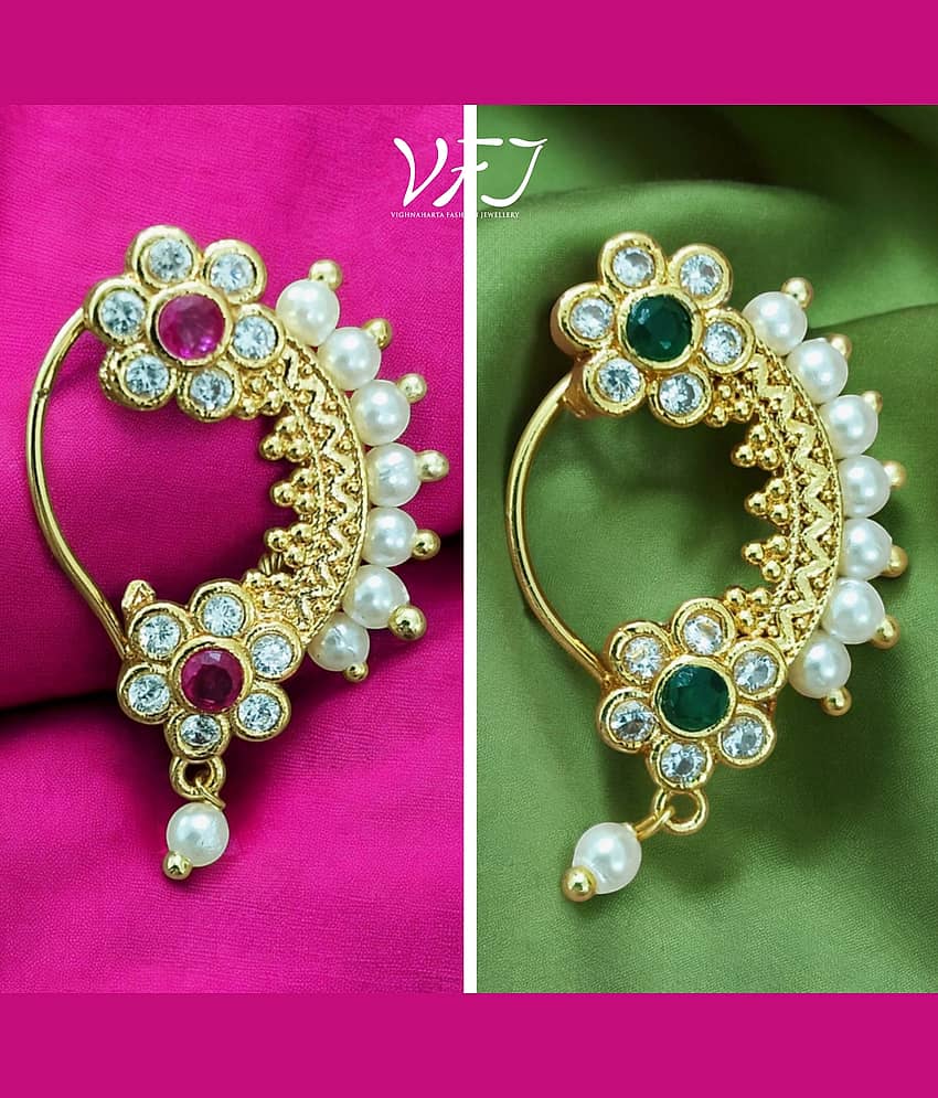 Vighnaharta Artificial stone and Pearls moti Nath Nathiya./ Nose Pin combo 2 nath for women and Girls[VFJ1300-NTH-PRESS-GREEN&RED]