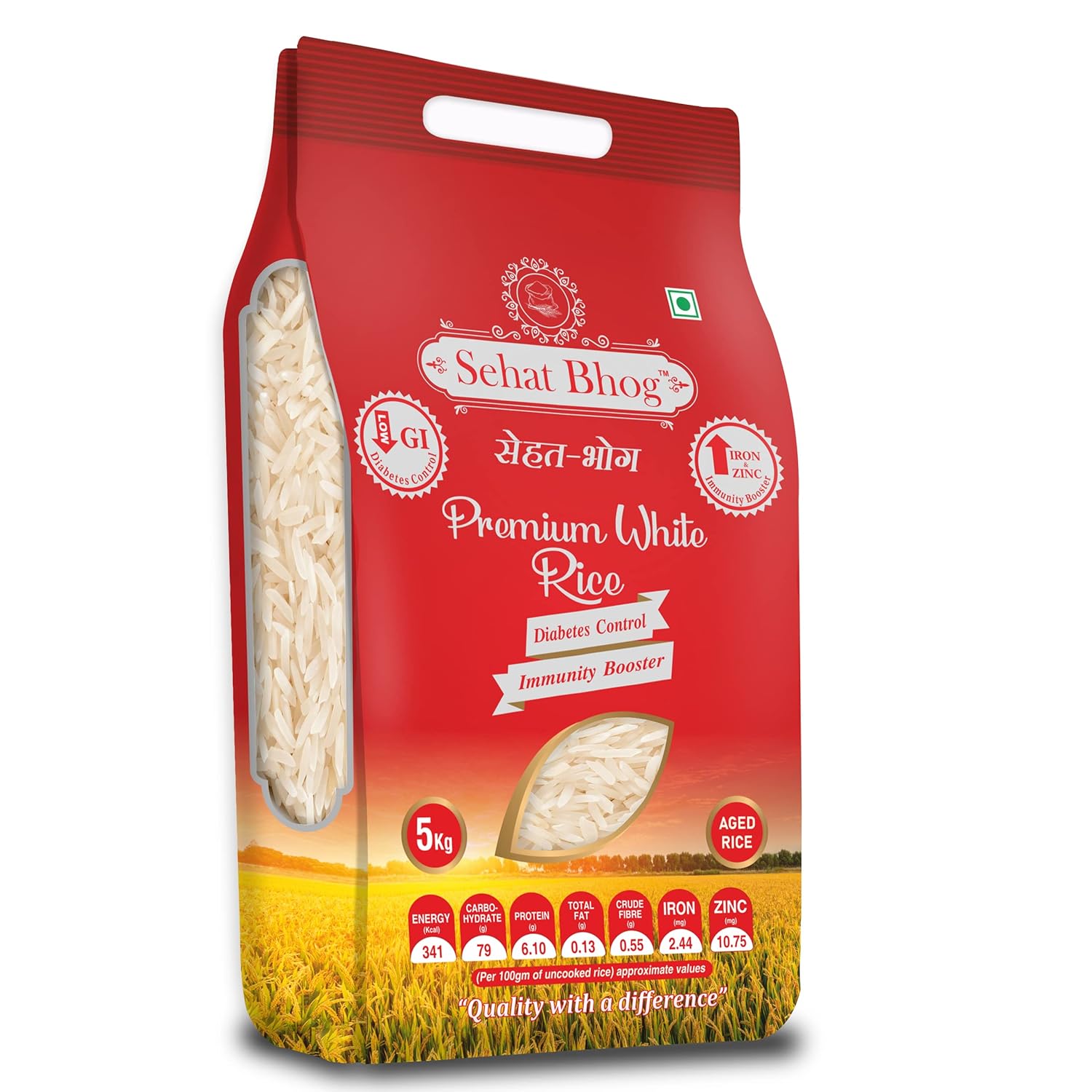 Sehat Bhog Sugar Control White Rice 15 kg | Lab Tested Low GI | Improved Sambha Mahsuri | 100% Natural, Single Polished, Traditionally Milled, Light Weight & Non-Sticky (Diabetic-Friendly)