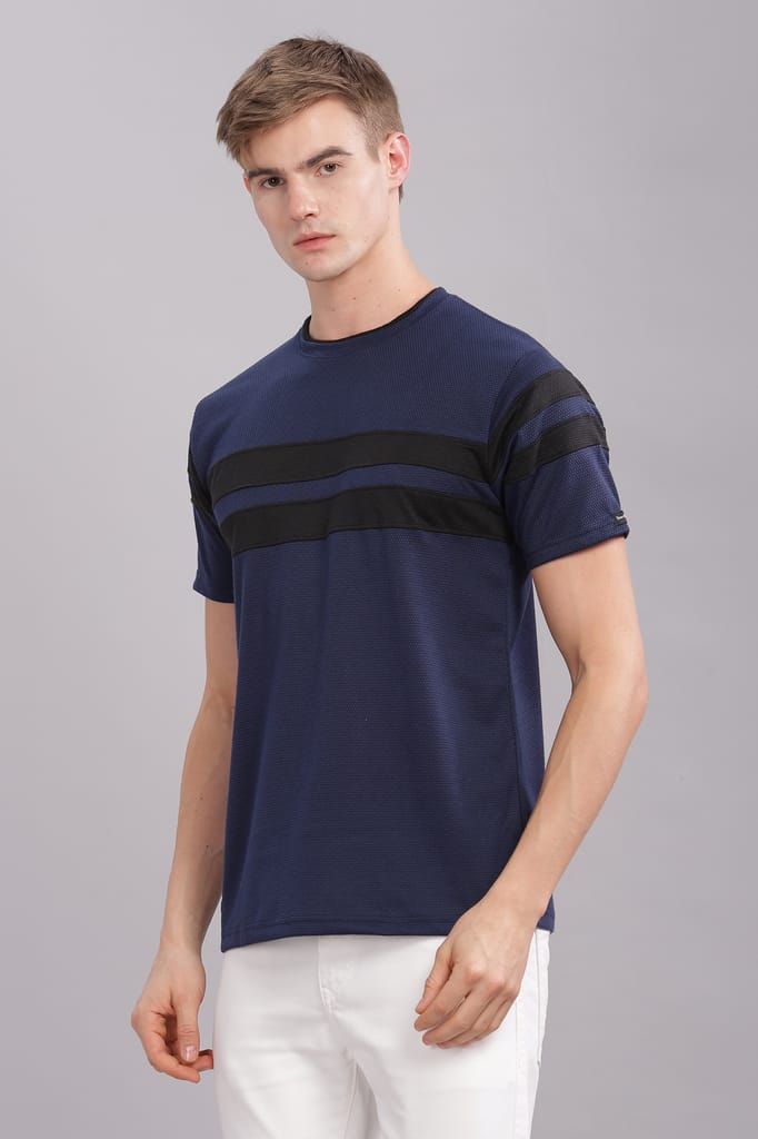 Men Striped Round Neck Polyester Grey T-Shirt view 2