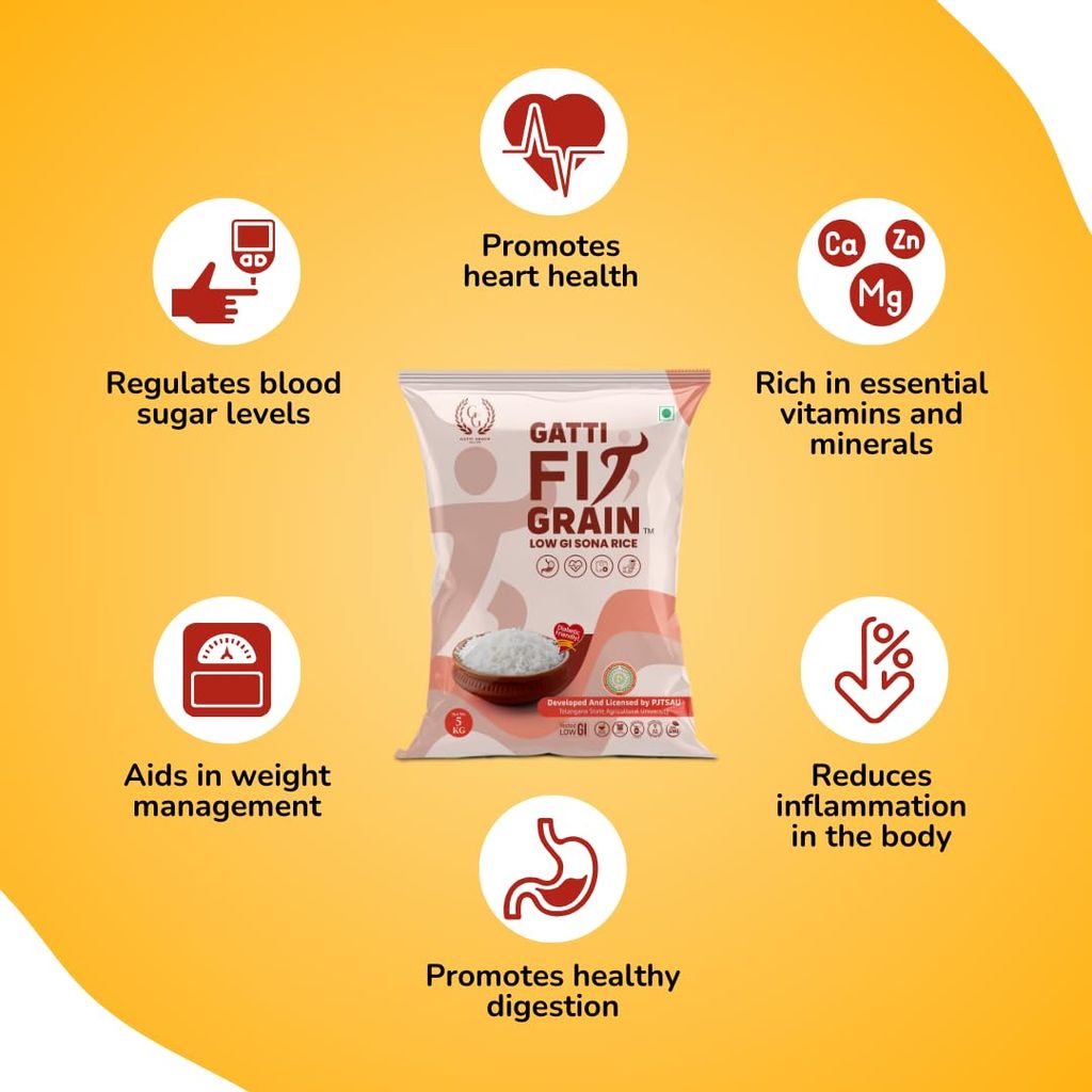 Low GI Sona Rice - 5 Kg | Diet & Diabetic Friendly | Ideal Choice for Diabetics & Weight Management for Health-conscious Individuals | Certified Low Sugar Rice view 2