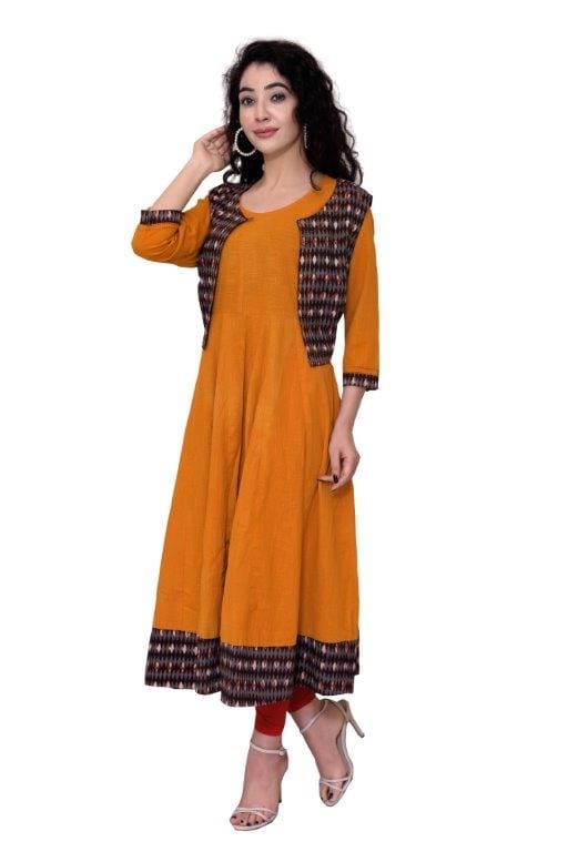 Yellow Hand Embroidered Cotton Kurti With Printed Shrug view 2