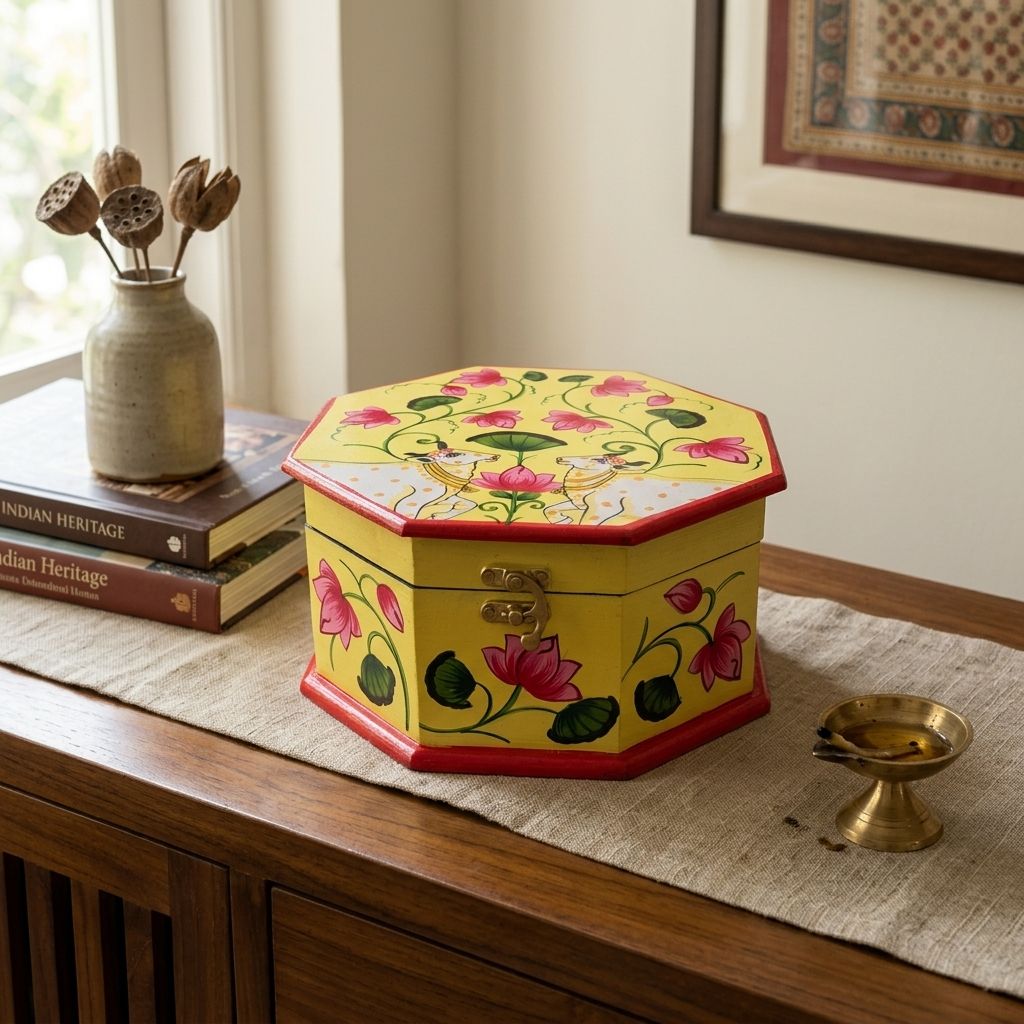 Hand Painted Pichwai Art Wooden Yellow Color Octagon shape Storage Box view 2