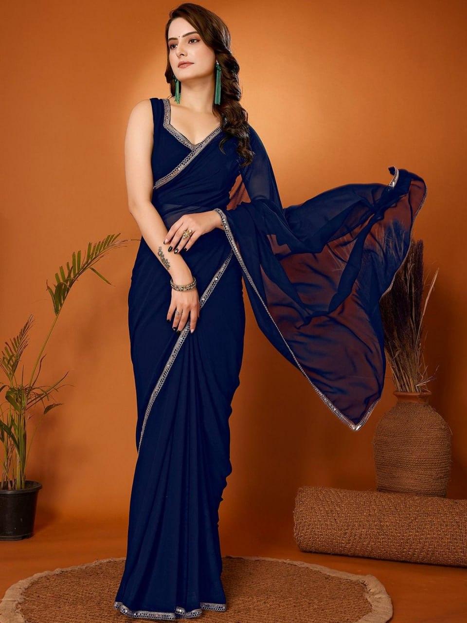Georgette Saree with Mirror Work Border view 2