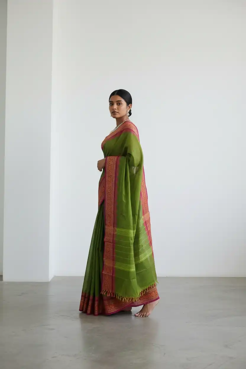 Kanchipuram Handloom Cotton-Silk Saree in Olive Green with Woven Borders