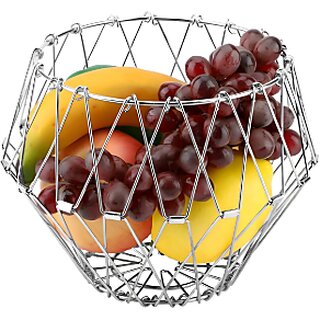Multipurpose Folding fruit Basket Stainless Steel Fruit Vegetable Basket (Silver)
