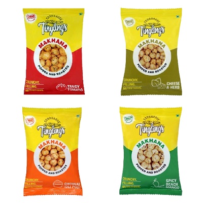 Tinglings Roasted Makhana Combo Pack- 8, 22g each. Cheese & Herb 2 Packs, Chennai Idli Podi 2 Packs, Tangy Tomato 2 Packs, Spicy Beach Mango 2 Packs