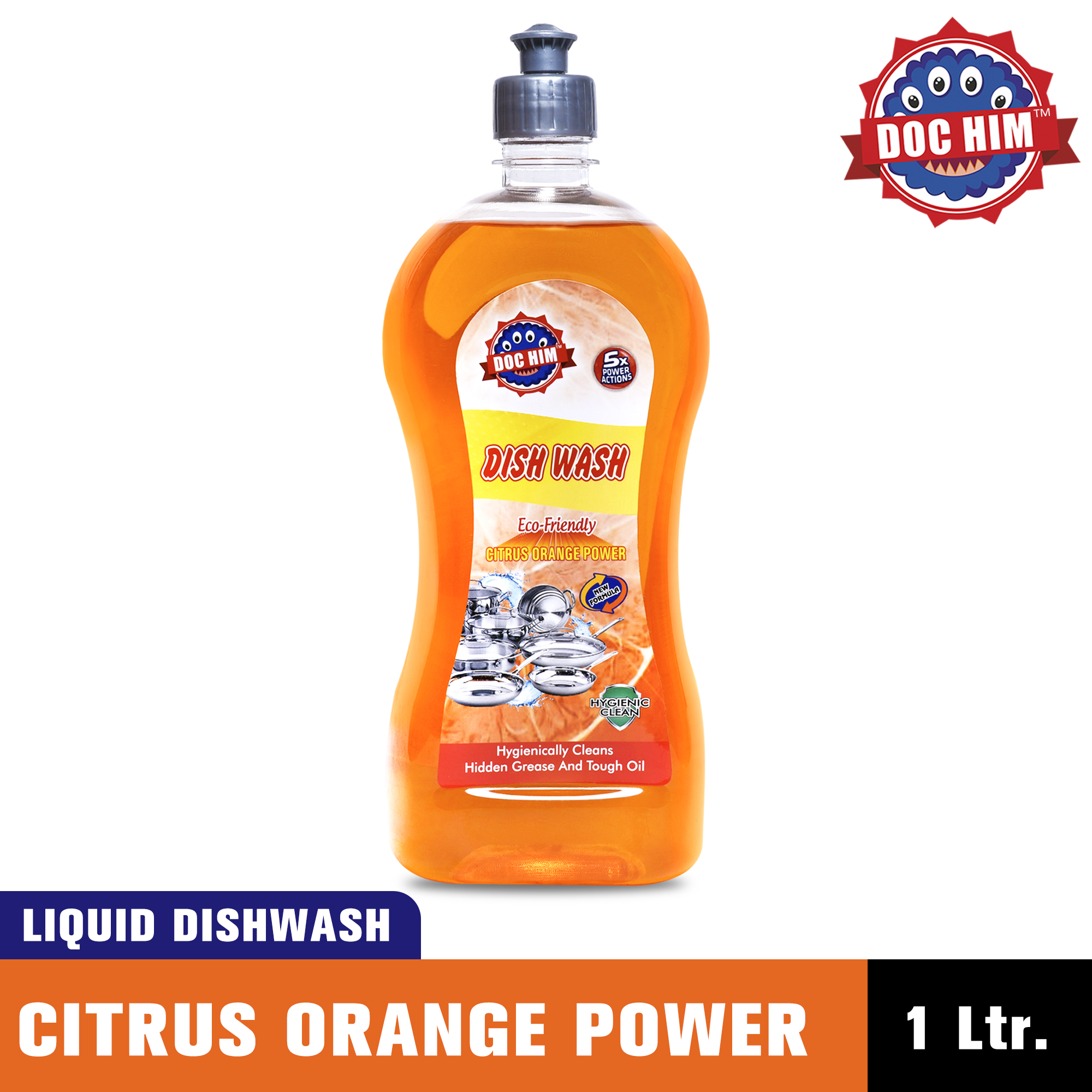 Doc Him Orange Dish Wash Liquid 1 Litre | Powerful Grease Removal, Long-Lasting Fresh Shine | Pack of 5