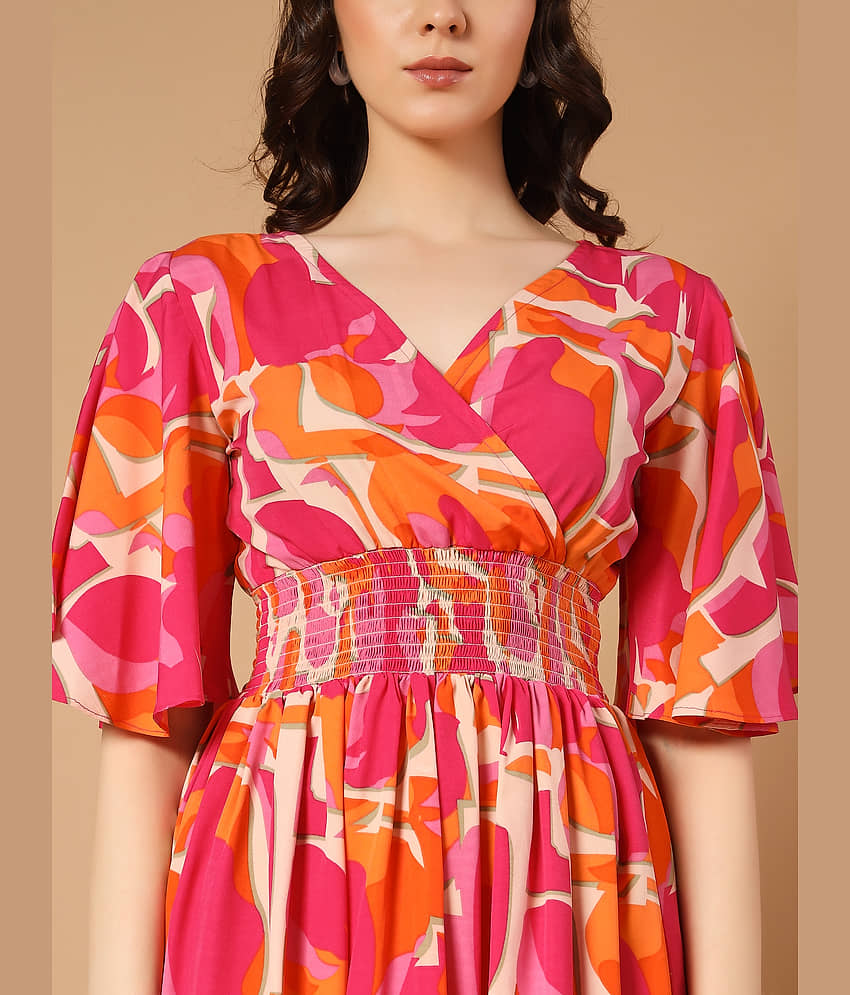 ZWERLON Women Crepe Printed Fit & Flare Dress ( Red ) view 2