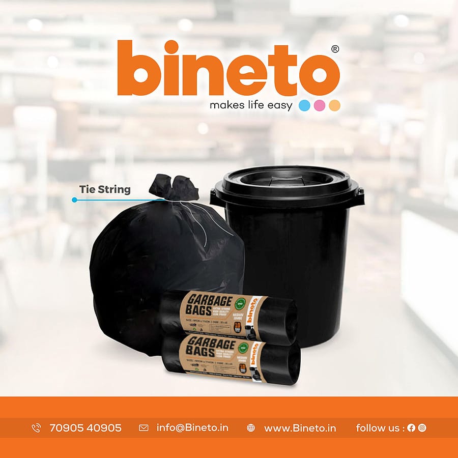 Bineto Brand , Oxo-Biodegradable Garbage Bags, Medium size - 48 CM X 54 CM(19 x 21 inches) - 30 bags/roll (Pack of 6, Black)