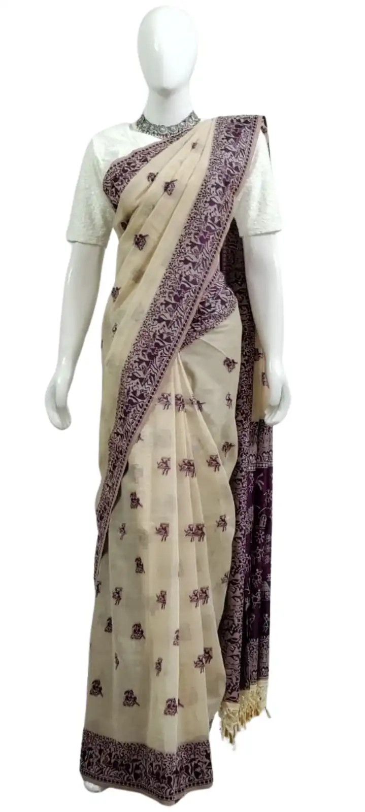 Saura Art Cotton Saree Cream Mauve Elephant Buti Pallu