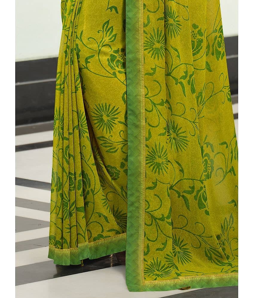 BLEESBURY Georgette Printed Saree With Unstitched Blouse Piece ( Lime Green ) view 2