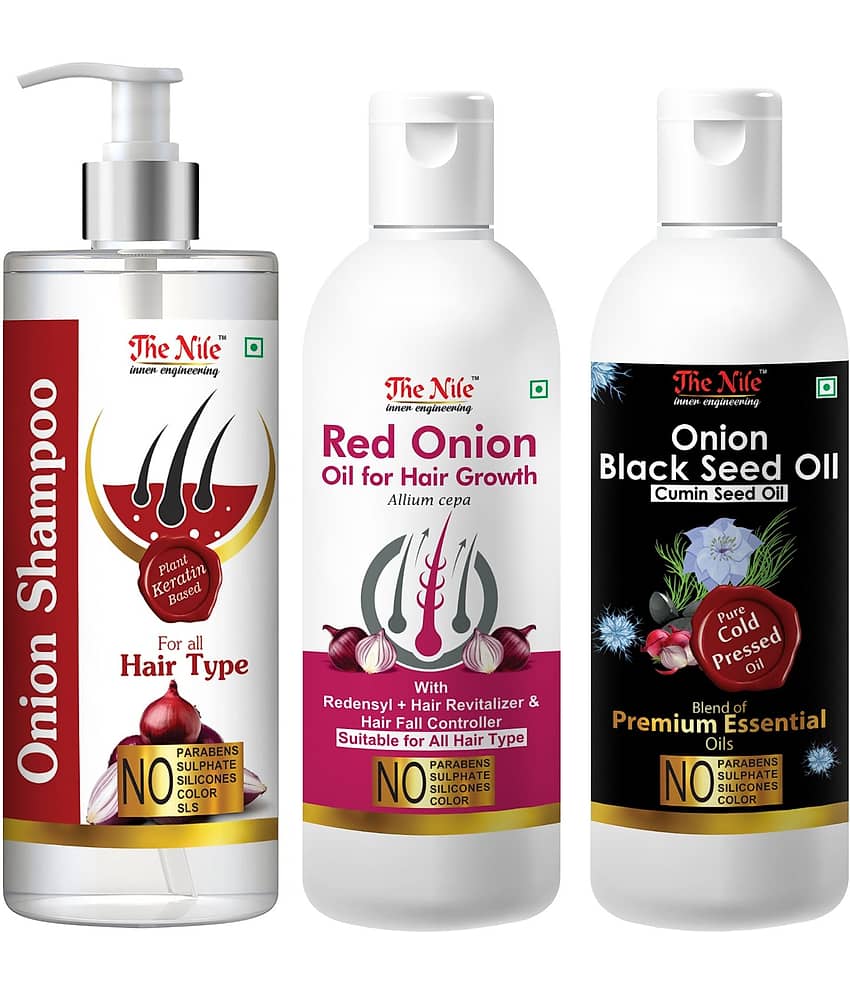 The Nile Red Onion Shampoo 200 ML + Red Onion 100 ML + Onion Black Seed Oil 100 ML Shampoo 400 mL Pack of 3