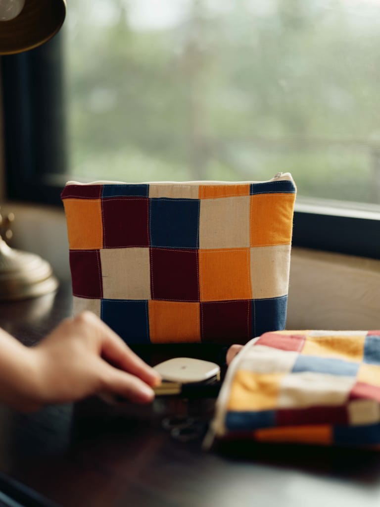 Handcrafted Cotton Patchwork Quilted Pouch - Blue Yellow Burgundy view 2