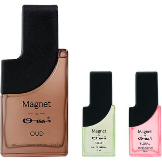 Ossa Magnet Oud 100ml, Fresh 15ml, Floral 15ml Eau De Parfum Long Lasting Perfume Combo for Men And Women (Pack Of 3)