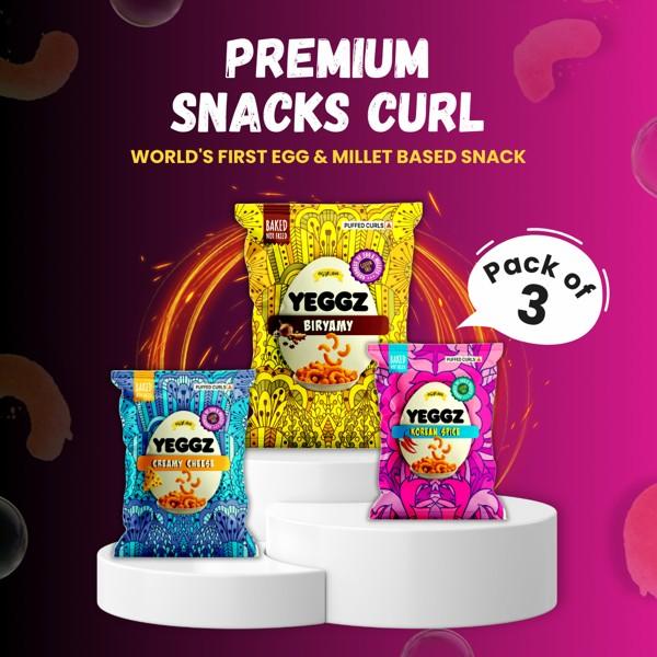 YEGGZ Combo (Creamy Cheese,Briyamy,Spicy Korean) Puffed Curls - Crispy Snacks (Pack Of 3) view 2