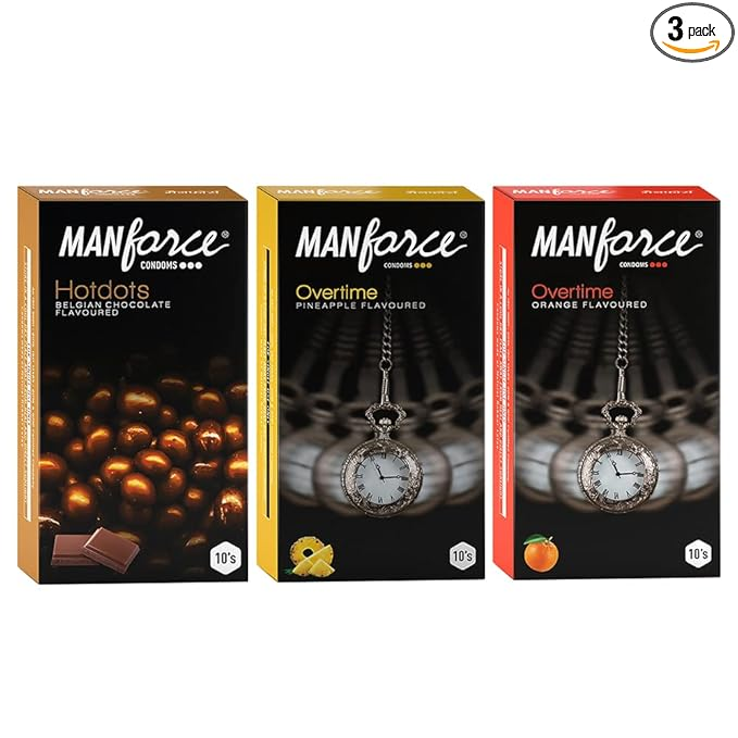 MANFORCE Premium Hotdots Belgian Chocolate with Bigger Dots and Overtime Range (Orange & Pineapple) 3in1 (Ribbed Contour Dotted) Condoms Combo Pack - 10s (Pack of 3) Condom (Set of 3 30 Sheets)