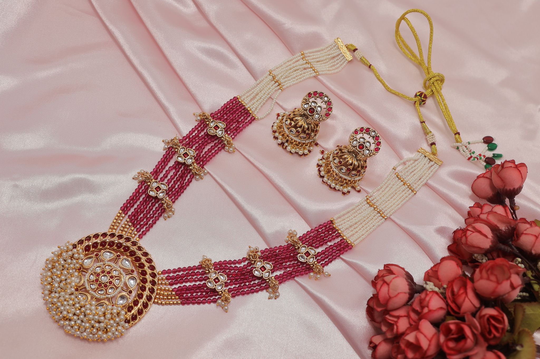 Traditional Pearl & Ruby Gold Plated Choker Necklace Set with Jhumka Earrings