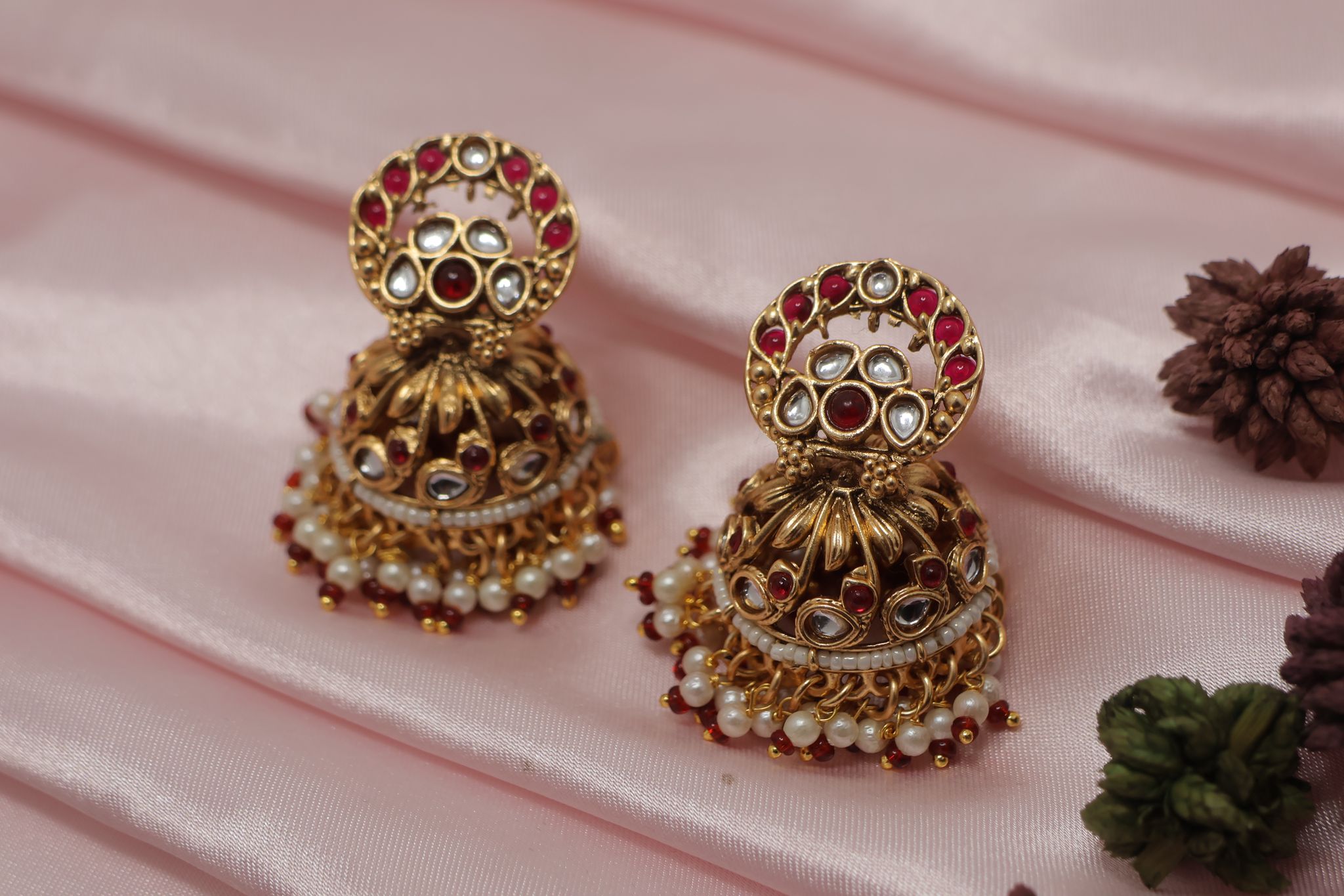 Traditional Pearl & Ruby Gold Plated Choker Necklace Set with Jhumka Earrings view 2