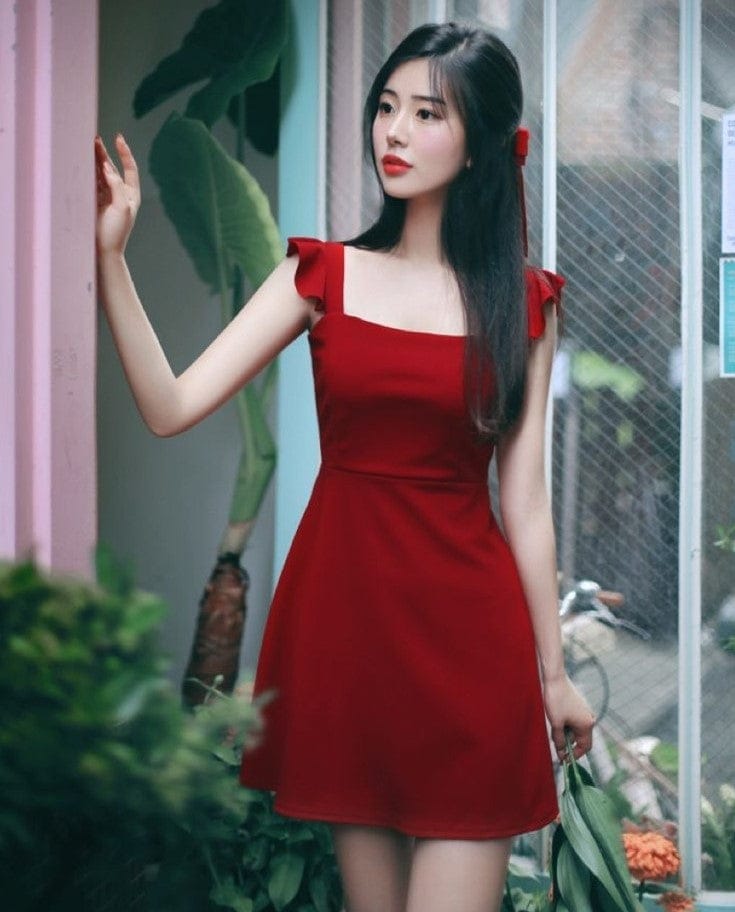 Red Solid Ruffled Dress view 2