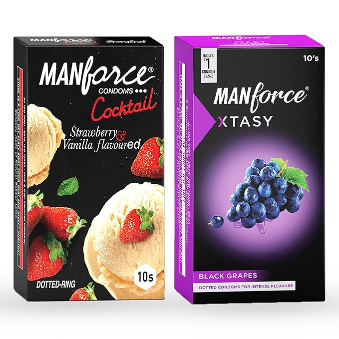 MANFORCE Cocktail Condoms with Dotted-Rings Strawberry & Vanilla Flavoured- 10 Pieces & 3 in 1 (Ribbed Contour Dotted) Wild Black Grapes Flavoured Condoms- 10 Pieces Condom (Set of 2 20 Sheets)