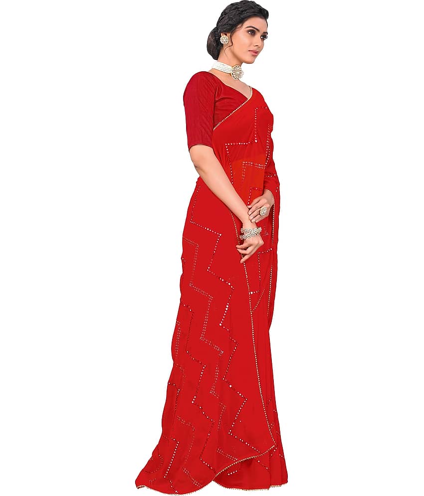 Sariya Georgette Embellished Saree With Unstitched Blouse Piece ( Red ) view 2