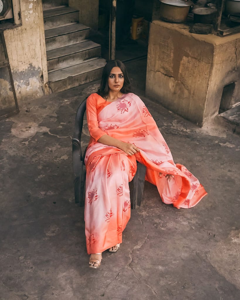Soft Peach Niloufer Saree by Aagaaz Jaipur view 2