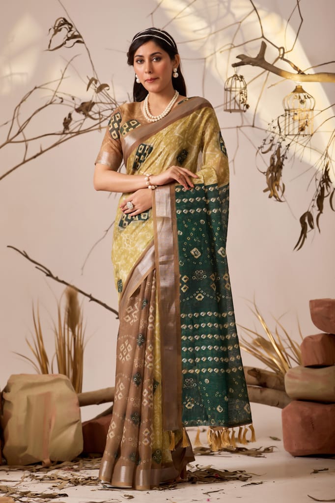 Women's Bandhani Print Cotton Silk Saree with Tassels