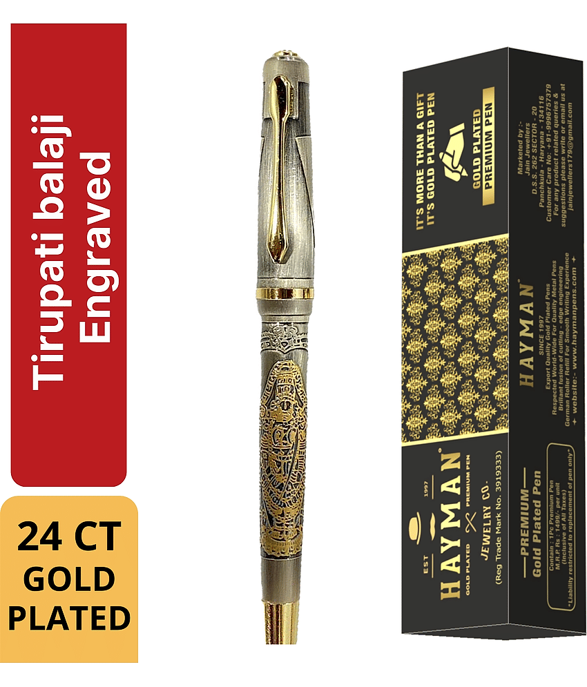 Hayman 24 CT Gold Plated Tirupati Balaji Engraved Roller Ball Pen with Gift Box (Pen-188)