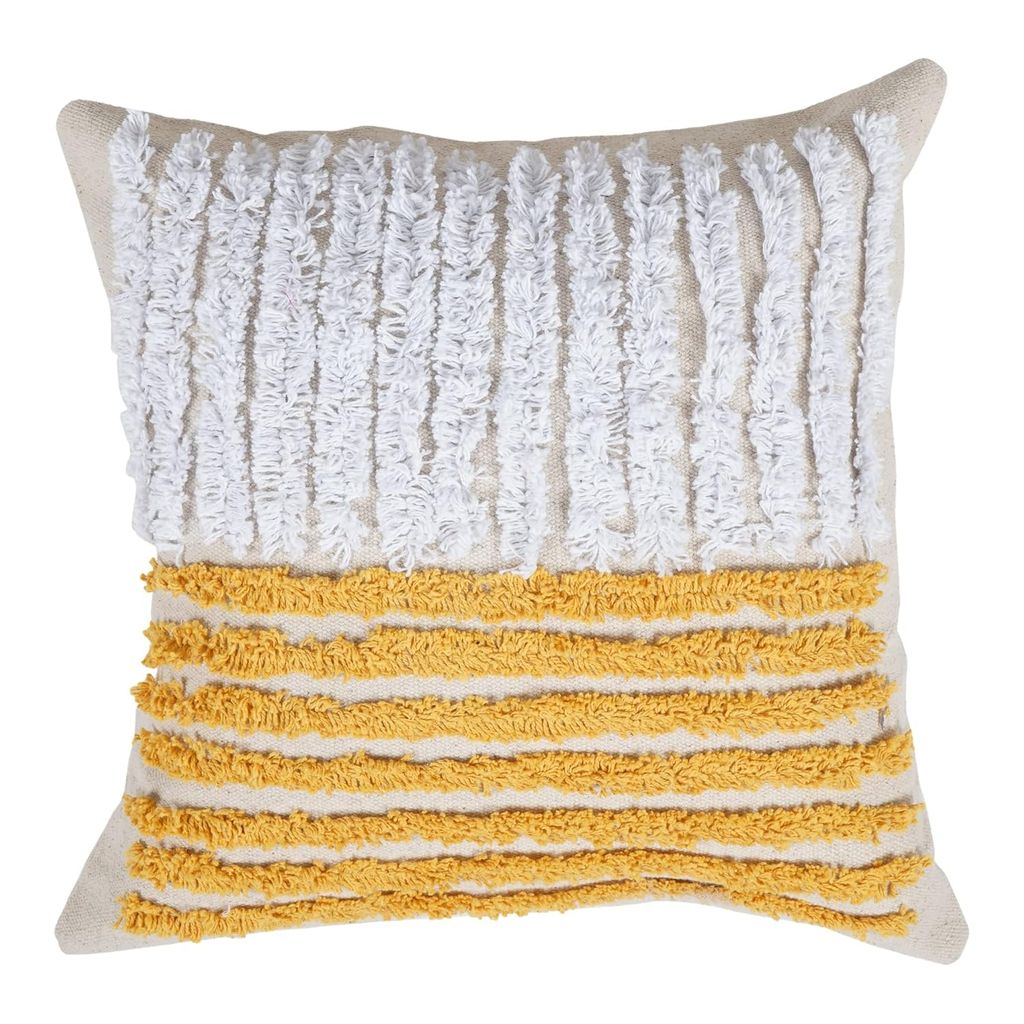 Lalawat-Export Cushion Cover Yellow White Cotton Throw Pillows Boho Handmade Knit case Sofa Decor Fringes (Square, 16x16 Inches) LLE_16