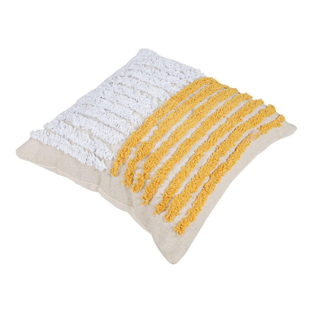 Lalawat-Export Cushion Cover Yellow White Cotton Throw Pillows Boho Handmade Knit case Sofa Decor Fringes (Square, 16x16 Inches) LLE_16 view 2