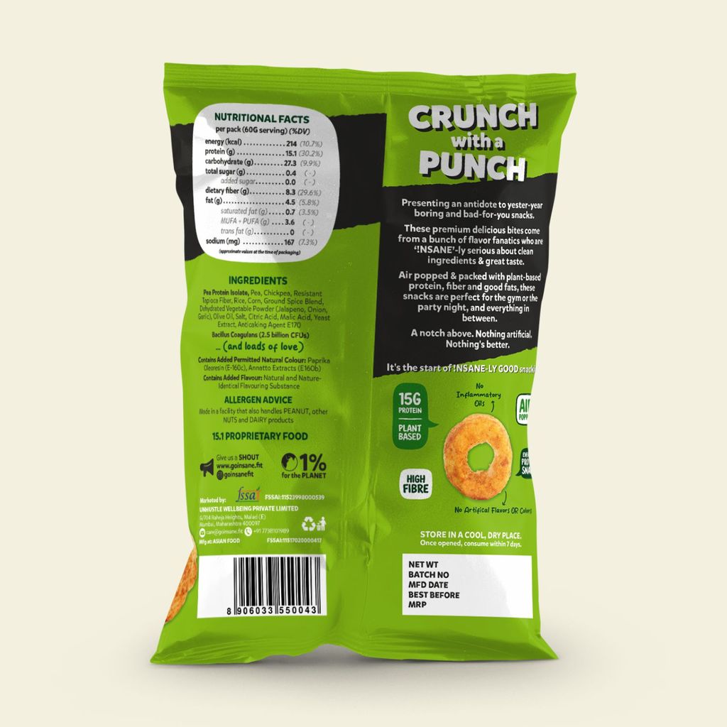 Insane Fit Protein Puffs | Jalapeno Lime 60g x 4 | Plant Protein | Roasted | Probiotics & Fibre | No Vegetable Oil view 2