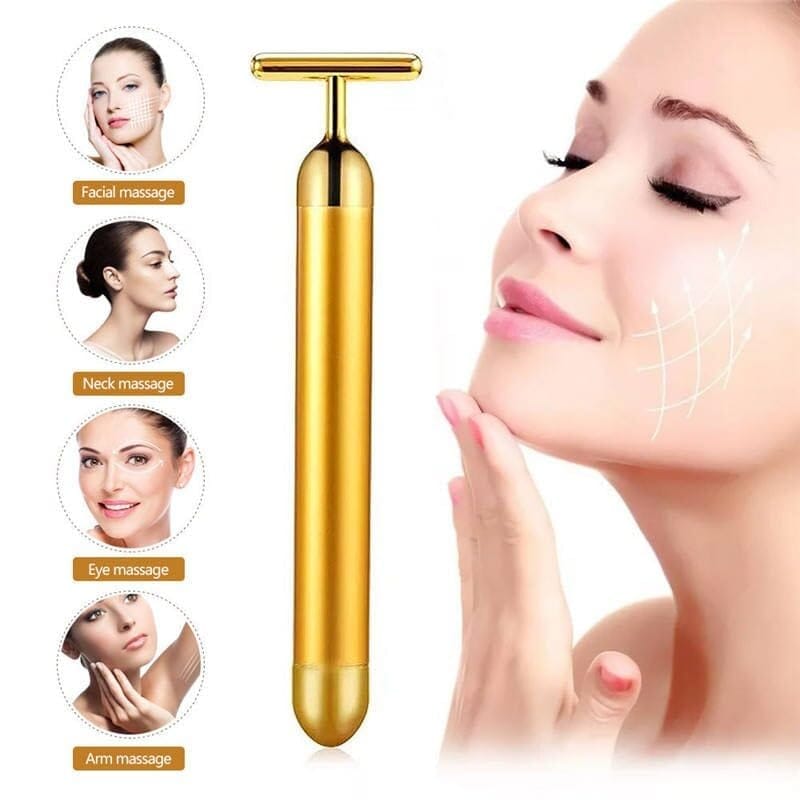 SHANAYA (Pack Of 1 Piece) 24K Gold Energy Beauty Bar Electric Vibration Facial Massage Roller Waterproof Face Skin Care T-Shaped Anti Wrinkle Massager for Forehead Cheek Neck Clavicle Arm view 2