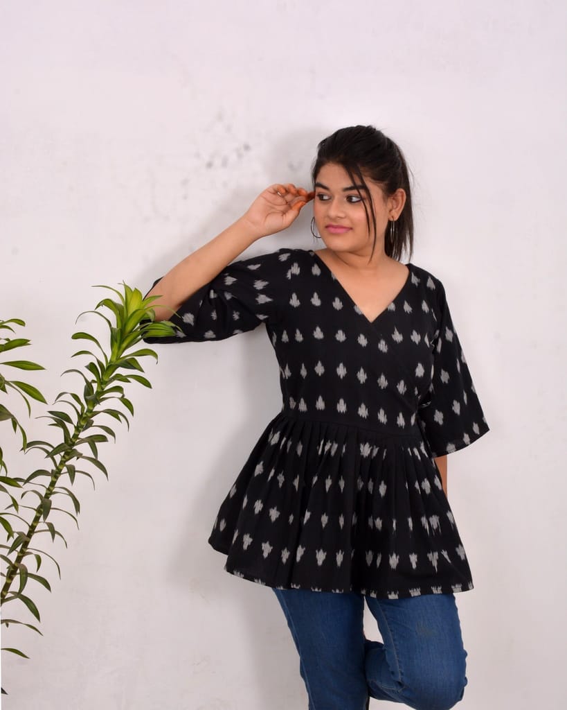 Julie Handwoven Wardrobe Essentials Women cotton Ikkat Peplum Top view 2